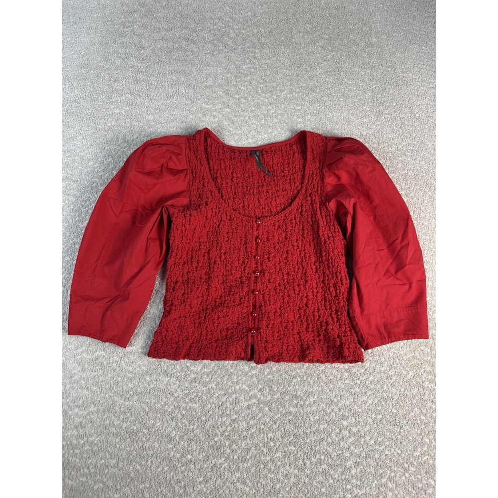 Anthropologie Blouse Womens Small Red Smocked Button Front Puff Sleeve‎ Cropped